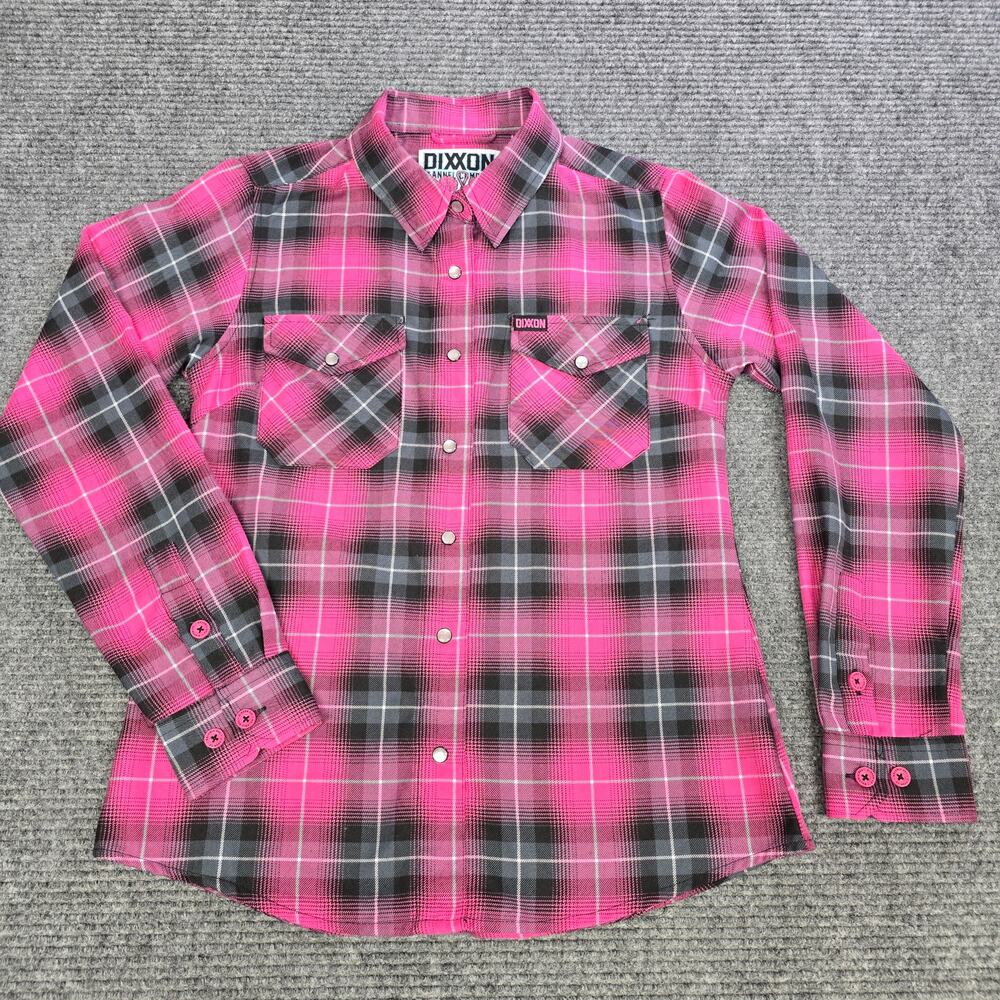 Dixxon The Fighter Flannel Womens M Pink Black Plaid Pearl Snap Breast Cancer